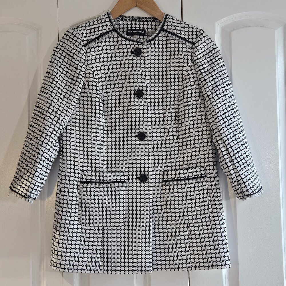 Karl Lagerfeld Paris Women 6 Black White Fringe Blazer Jacket Career Office NWOT
